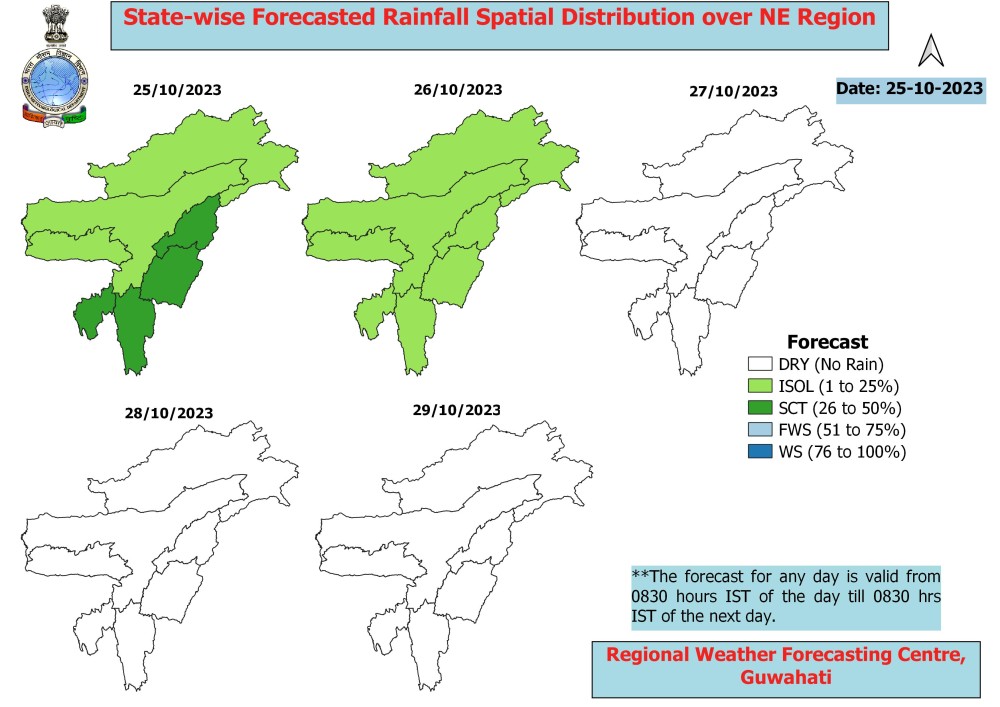 State level weather forecast for North-East states from October 25-29 issued by India Meteorological Department’s Regional Met Centre Guwahati on October 25. (Image Courtesy: @GuwahatiRmc/X)
